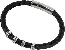 Pulsera de Cuero Trenzado con Aros de Plata Personalizables - Negra