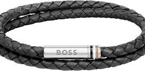 Brazalete Doble de Cuero Trenzado Marrón Boss