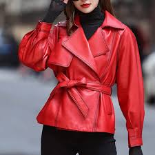 Chaqueta de Cuero Roja Moda Mujer