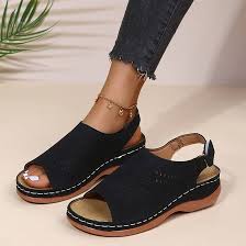 Sandalias de Cuña de Cuero para Mujer - Verano Casual Negro