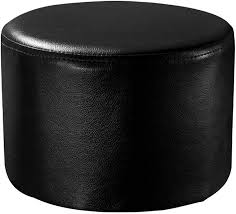 Pouf Redondo de Cuero y Madera - Negro 29x29x19cm