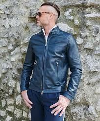 Chaqueta Biker de Cuero Perforado Azul para Hombre D'Arienzo