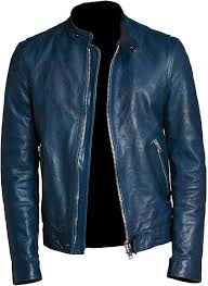 Chaqueta de Cuero Biker Café Racer Azul y Negro