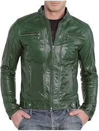 Chaqueta de Cuero Verde Café Racer para Hombre