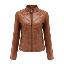 Chaqueta de Piel con Cremallera y Bolsillos para Mujer