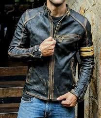 Chaqueta Biker Vintage de Cuero Negro para Hombre