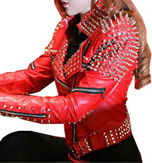 Chaqueta de Cuero Roja Punk para Mujeres con Remaches