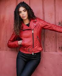 Chaqueta de Cuero Rojo Cruzada para Mujer con Cinturón