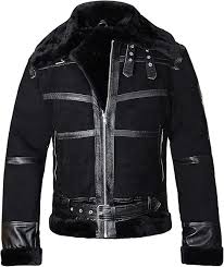 Chaqueta de Aviador de Piel de Oveja Negra para Hombre